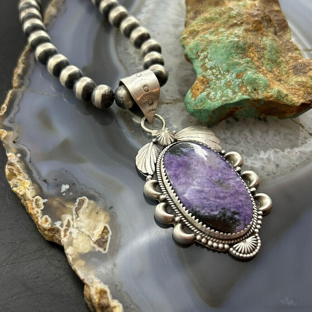 Sterling Silver Southwestern Style Oval Charoite Decorated Pendant For Women - Picture 5 of 10
